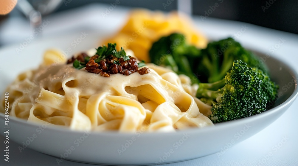 Creamy fettuccine alfredo with broccoli, a culinary delight in a bowl Creamy fettuccine alfredo with broccoli, a culinary delight in a bowl
