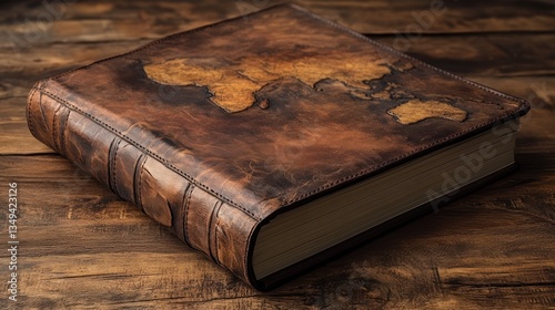 Antique leather-bound book with embossed world map. Rich, aged texture