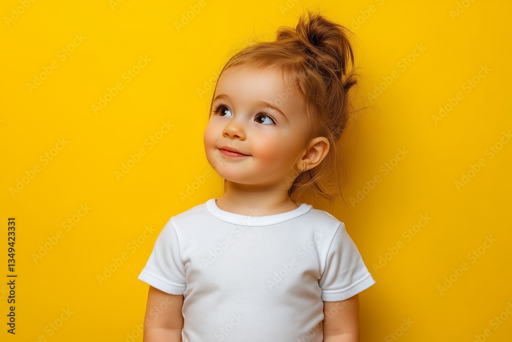 Naklejka premium design mockup toddler girl wearing plain blank white tshirt on a yellow background, studio portrait