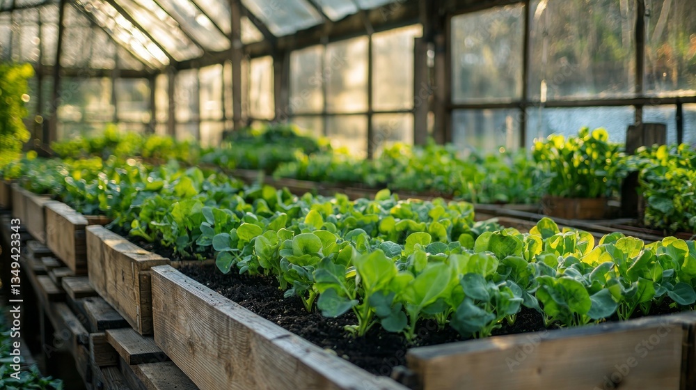 Rows of vibrant seedlings flourish inside a spacious greenhouse, illuminated by soft sunlight streaming through glass panels, highlighting the beauty of new life in agriculture Rows of vibrant seedlings flourish inside a spacious greenhouse, illuminated by soft sunlight streaming through glass panels, highlighting the beauty of new life in agriculture