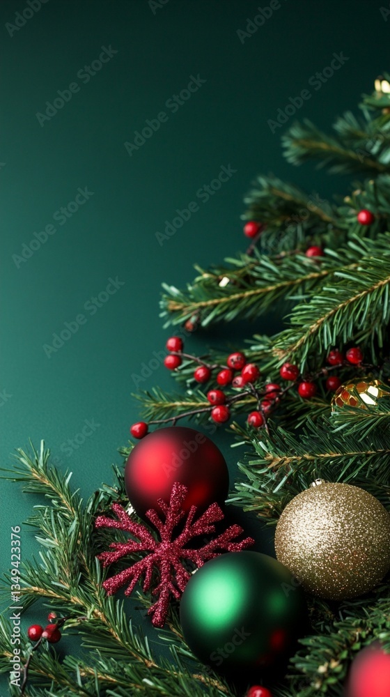 Fototapeta premium Christmas decorations with balls and pine branches arranged on a green background, evoking festive warmth, joy, and a traditional holiday spirit, perfect for seasonal celebrations.