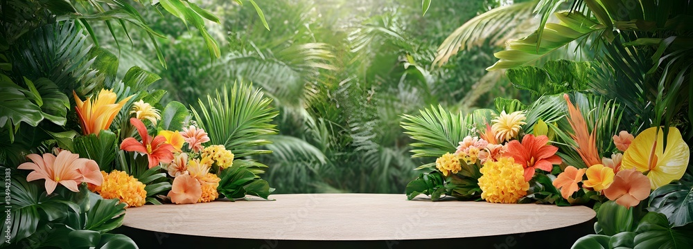 A podium woven from colorful tropical flowers, resting on the right in a lush rainforest clearing.