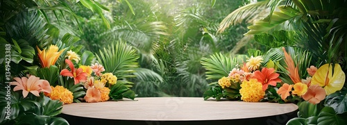 Obraz na płótnie A podium woven from colorful tropical flowers, resting on the right in a lush rainforest clearing. w salonie