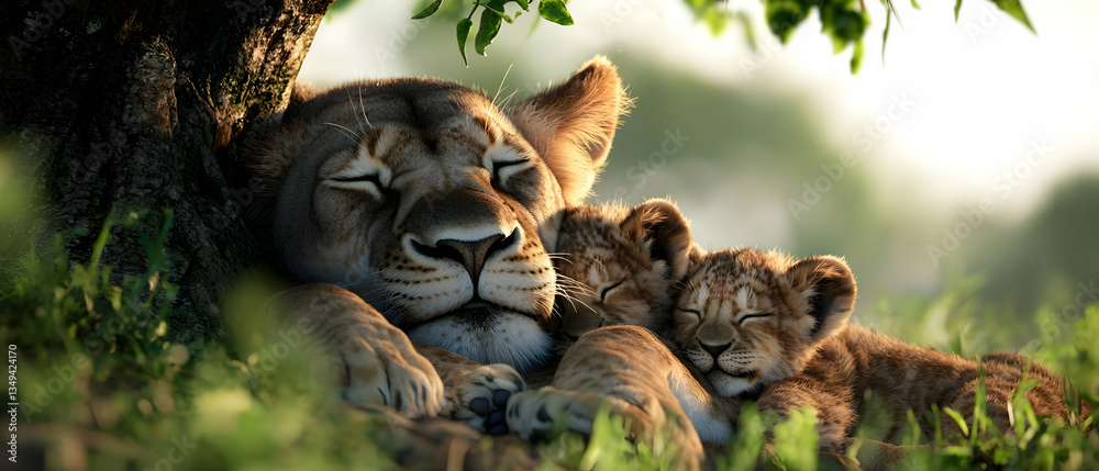 Obraz premium Mother Lion and Cubs Resting Under a Tree