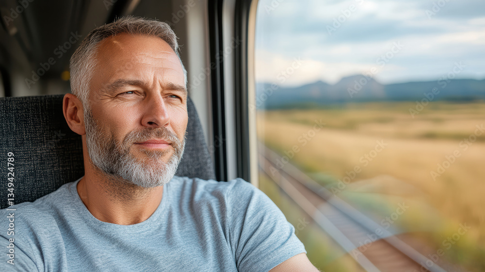 man sitting on train, gazing out window, lost in thought while enjoying scenic view