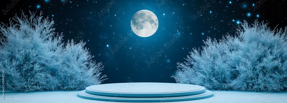A podium wrapped in delicate frost patterns, glowing under a soft full moon.