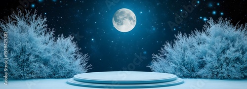 Obraz na płótnie A podium wrapped in delicate frost patterns, glowing under a soft full moon. w salonie