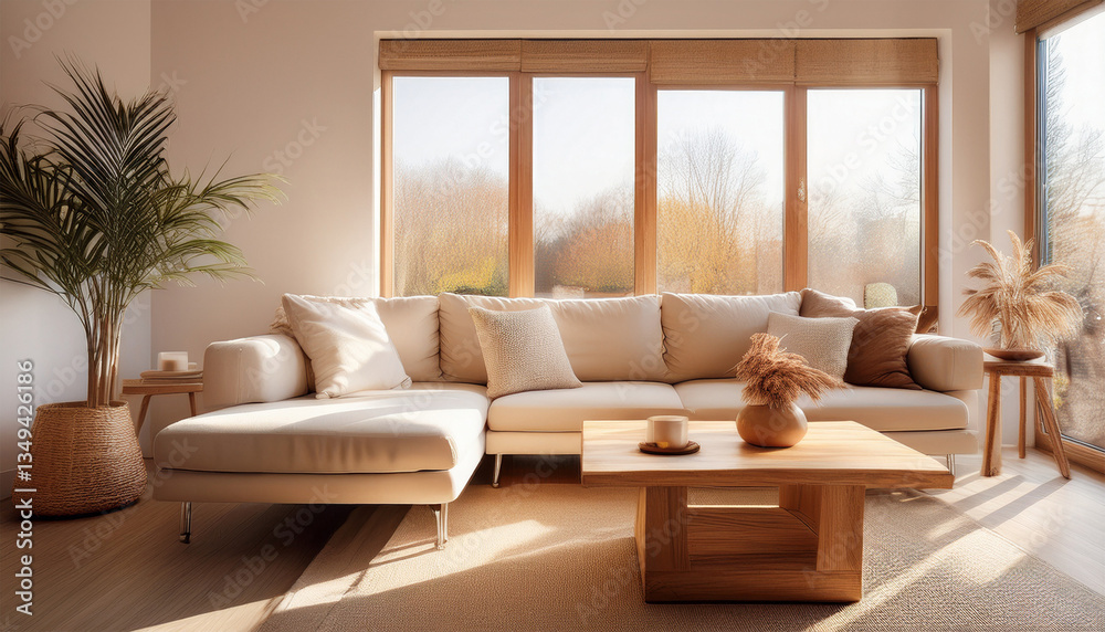Obraz premium Warm Sunlit Lounge with Cream Sofa and Timber Table