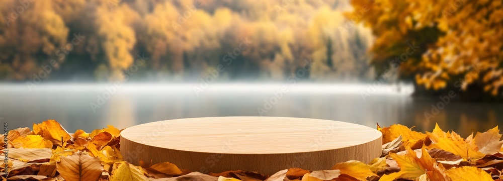 A podium resting on a bed of golden autumn leaves, positioned on the right near a misty lake.