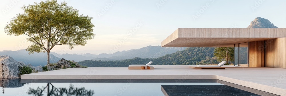 Modern minimalist house with infinity pool overlooking mountain landscape Modern minimalist house with infinity pool overlooking mountain landscape