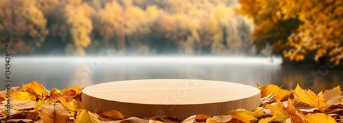 Obraz na płótnie A podium resting on a bed of golden autumn leaves, positioned on the right near a misty lake. w salonie