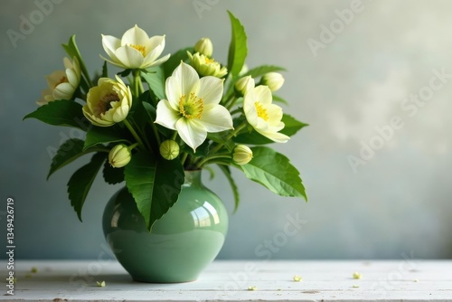 Hellebore oriental green in a vase with other winter flowers, hellebore, botanical