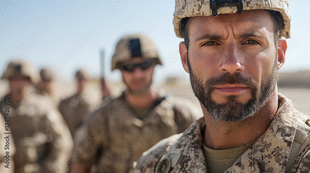 Fototapeta premium military officer stands confidently in front of team, showcasing leadership and determination