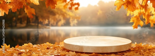 Obraz na płótnie A podium resting on a bed of golden autumn leaves, positioned on the right near a misty lake. w salonie