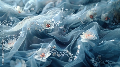 Delicate lace with 3D floral designs is softly lit to enhance its intricate texture and flow