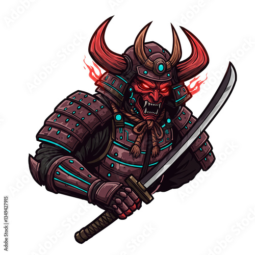Cyberpunk Oni Samurai Warrior with Katana Vector Illustration