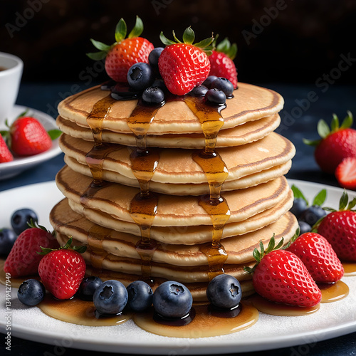 Fluffy Pancakes with Maple Syrup & Fresh Berries