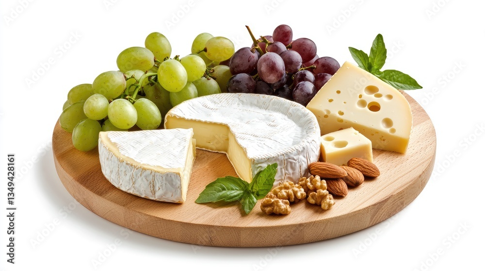 A stylish charcuterie board with a variety of cheese textures, paired with fresh grapes and nuts. A stylish charcuterie board with a variety of cheese textures, paired with fresh grapes and nuts.
