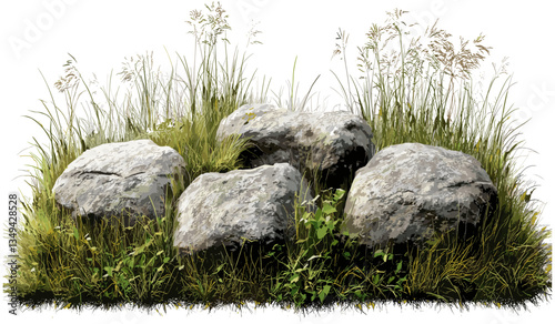 Grassy fields vector, lined rock composition, transparent backgrounds, PNG, nature elements, outdoor scenery, cutout design, realistic grass, stone landscape, graphic resource