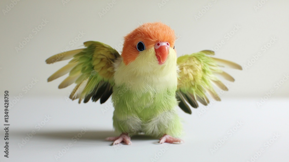 Obraz premium Cute baby parrot with outstretched wings on a plain background