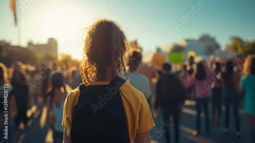 Crowd Gathers for Social Justice March at Sunset With People Raising Fists in Solidarity. Generative AI
