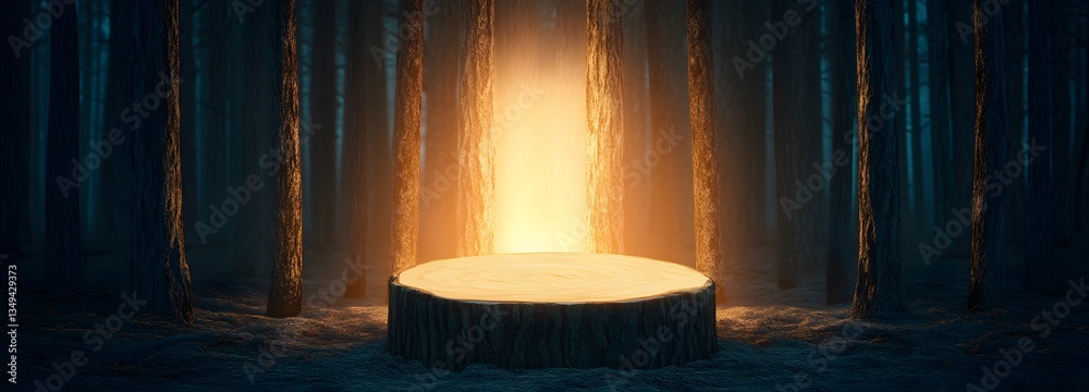 A podium formed from aged tree bark, standing on the right in a dense, glowing forest.