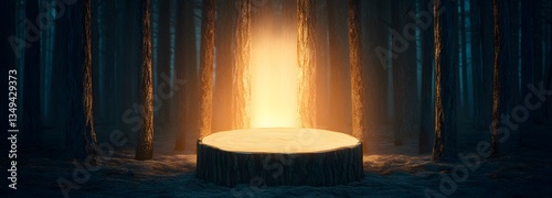 Obraz na płótnie A podium formed from aged tree bark, standing on the right in a dense, glowing forest. w salonie