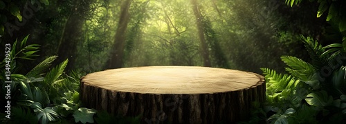 Obraz na płótnie A podium formed from aged tree bark, standing on the right in a dense, glowing forest. w salonie