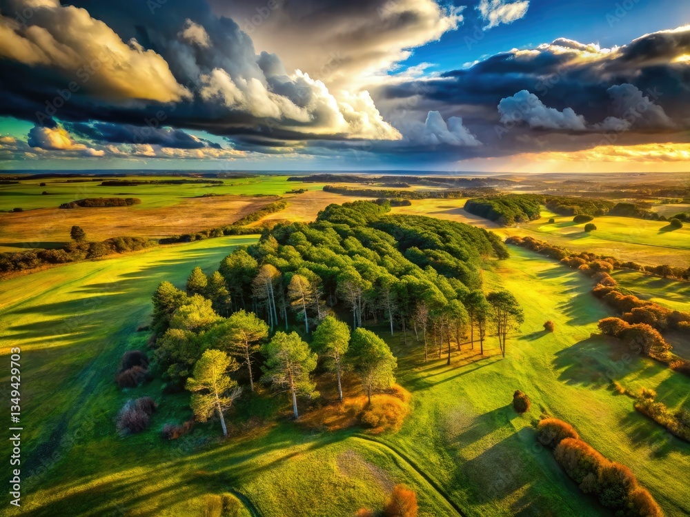 Fototapeta premium Windswept landscape, aerial view. Storm's aftermath: dramatic, windblown trees.