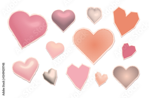 Set of torn out halftone paper hearts. Cut color heart with torn edge. Shape love doodle scrap. Vector illustration