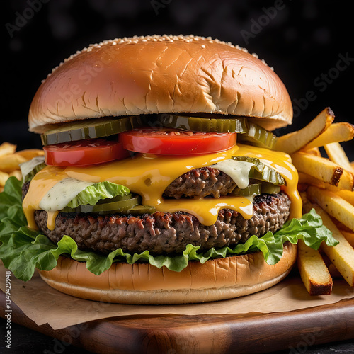 Gourmet Cheeseburger with Crispy Fries & Pickles