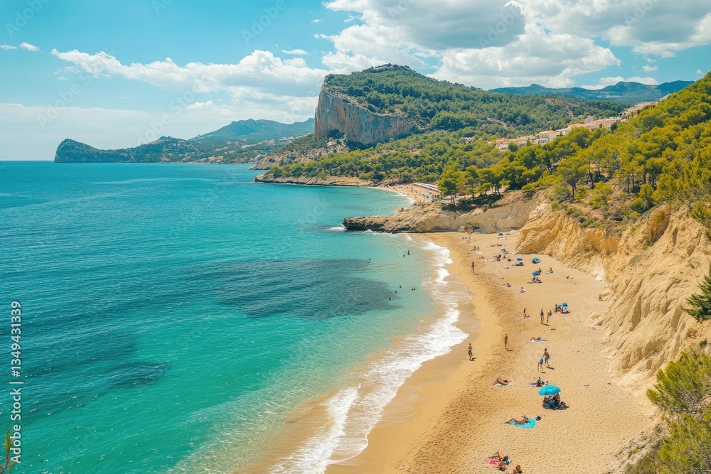 Sunny beach scene with people relaxing on sand. Coastal scenery with turquoise water and cliffs Sunny beach scene with people relaxing on sand. Coastal scenery with turquoise water and cliffs