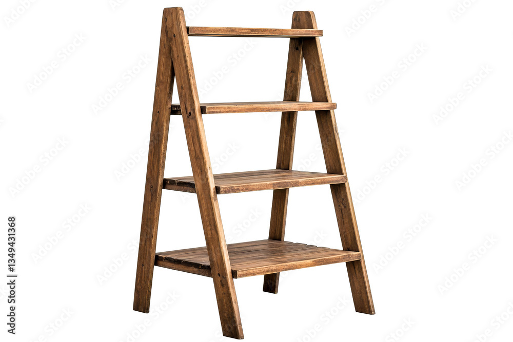 Wooden ladder shelving unit, rustic design, empty shelves, cutout transparent Wooden ladder shelving unit, rustic design, empty shelves, cutout transparent