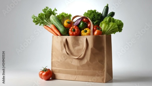 Image réaliste 4K d’un sac en papier rempli de légumes frais sur fond blanc.