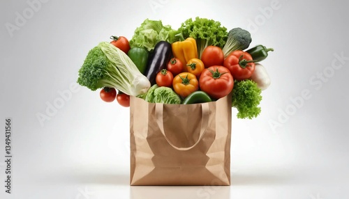Image réaliste 4K d’un sac en papier rempli de légumes frais sur fond blanc.