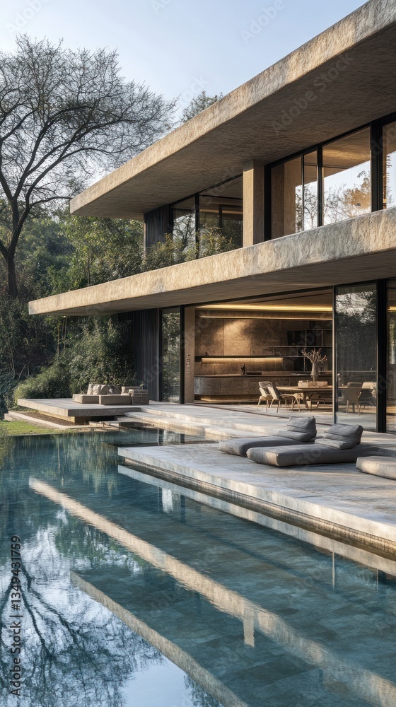 Fototapeta premium Modern house with infinity pool, sleek design, and open-plan living space