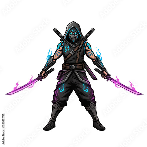 Cyberpunk Ninja Warrior with Glowing Katana Swords