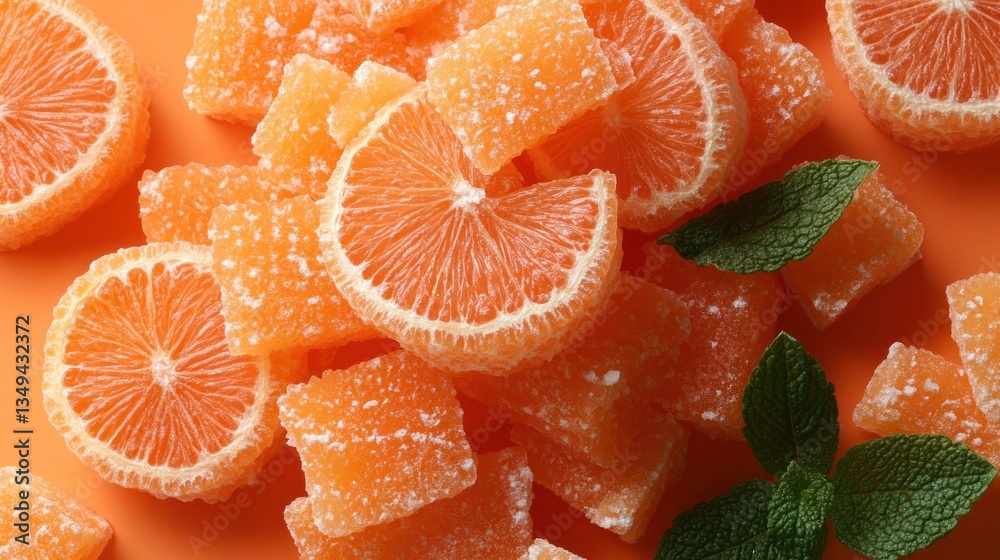 Sweet orange slices and cubes, sugar-coated, mint garnish Sweet orange slices and cubes, sugar-coated, mint garnish