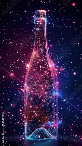 Sparkling bottle of wine in cosmic night sky