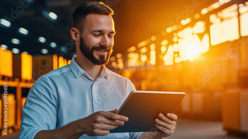 logistics coordinator smiles while using tablet in warehouse during sunset, showcasing productive work environment