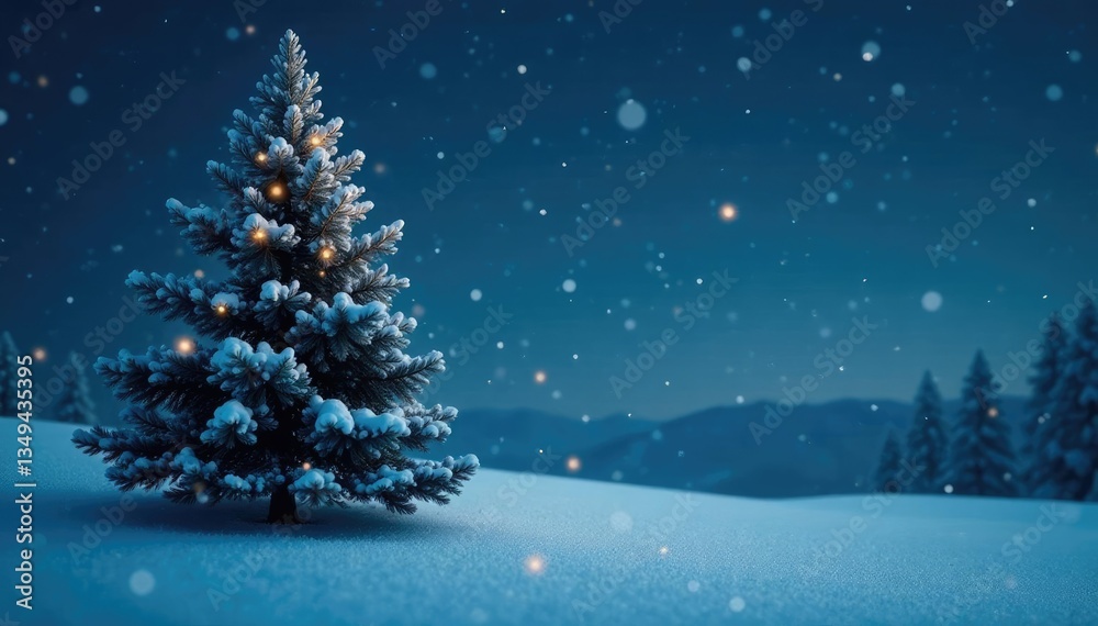 Fototapeta premium Spruce tree under starlight with snowflakes gently falling around it in a winter wonderland scene, peaceful, stars, spruce tree