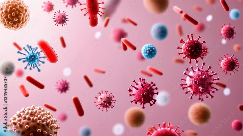 Vibrant and Detailed Illustration of Various Viruses and Bacteria Floating on Pink Background, Showcasing Diversity in Shapes and Colors, Highlighting Complexity of Microscopic Biological Life