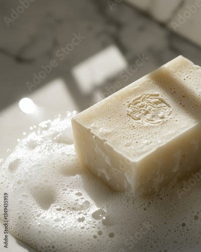 Natural soap bar on marble surface with bubbles in sunlight