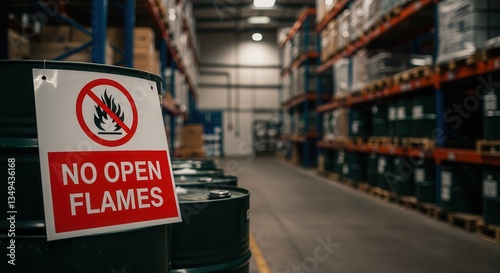 Warning Sign No Open Flames on Barrels in Warehouse Aisle