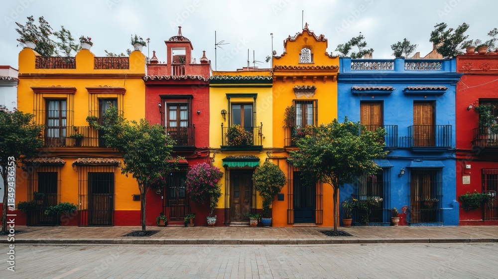 Naklejka premium Colorful houses line a street, vibrant hues of orange, yellow, and blue dominate. Balconies and trees add charm
