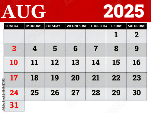 August 2025 Calendar: A clean and clear calendar for August 2025, featuring a concise layout and color-coded dates.