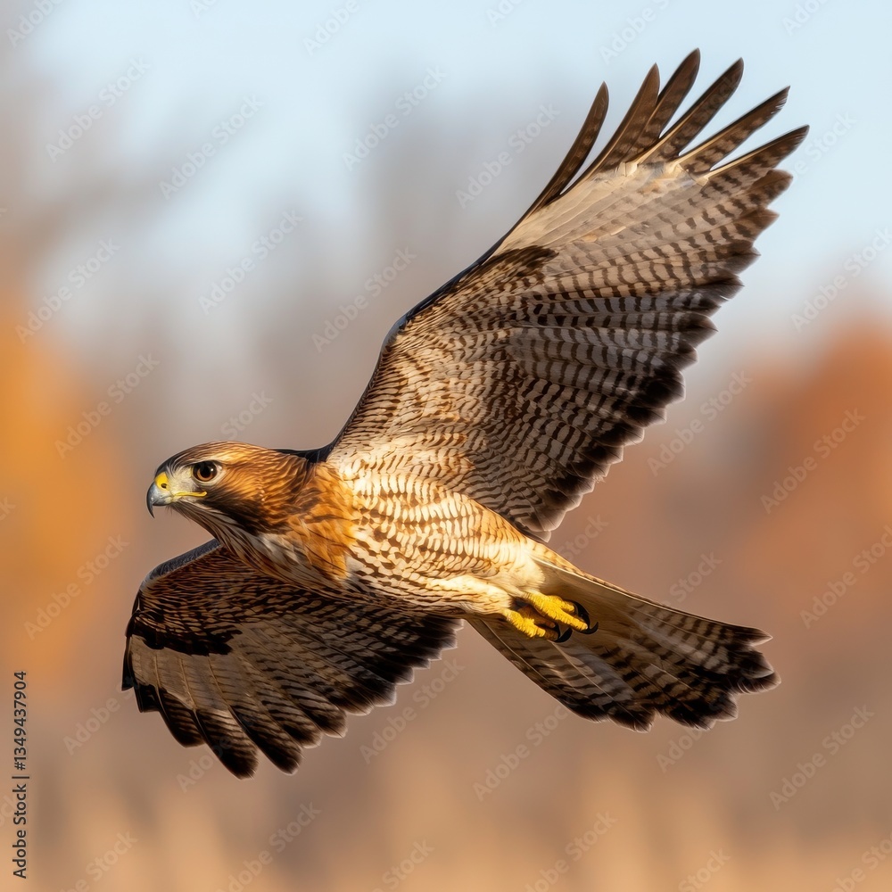 Fototapeta premium Majestic Hawk Soaring in Clear Blue Sky Captured in Flight