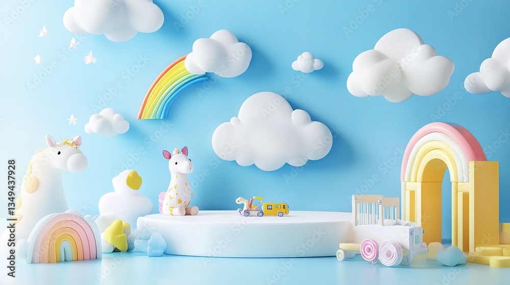Background podium baby cute product 3d cloud kid children display banner room toy design blue. Podium scene background rainbow baby stand studio presentation shower template stage poster sky Background podium baby cute product 3d cloud kid children display banner room toy design blue. Podium scene background rainbow baby stand studio presentation shower template stage poster sky