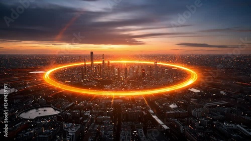 Stunning Aerial View of Urban Skyline at Sunset Glowing Lights Create Dramatic and Futuristic Landscape with Vibrant Colors Enhancing City Atmosphere