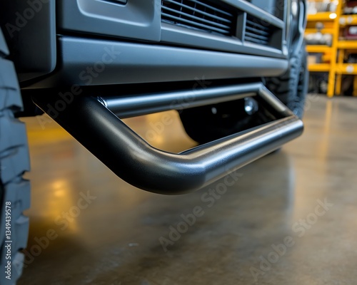 A detailed view of a vehicles side step and tire